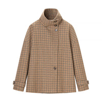 British-style Women's Wool Coat With Stand-up Collar And Plaid