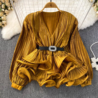 Lantern Long Sleeve V-neck Loose Belly-covering Waist Ruffle Hem Pullover Shirt