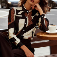 Bold Geometric Color-Block Printed Stand Collar Lantern Sleeve Shirt