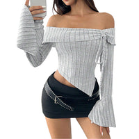 Women's Off-neck T-shirt Bell Sleeve Short Midriff-baring Top