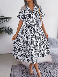 Women's Casual Loose Leopard Print Tie Waist Shirt Dress