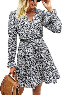 Elegant V-neck Flare-sleeve Floral Long-sleeve Dress