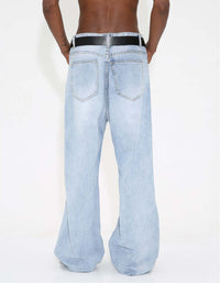 Light Blue Washed Frayed Hem Jeans Loose