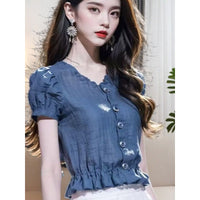 Summer French Blue Puff Sleeve Short Shirt
