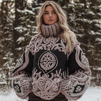 Womens Autumn High-Neck Sweater Retro Print American Streetwear Brand Loose-Fit Sweater