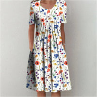 Spring And Summer Women's Elegant Large Swing Round Neck Printed Short Sleeve Dress