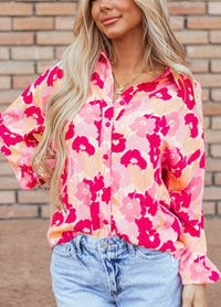 Blooming Floral Print Puff Sleeve Buttoned Shirt