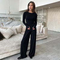 Soft, Comfortable And Stretchy Two-piece Black Crew-neck Womens Loungewear Set