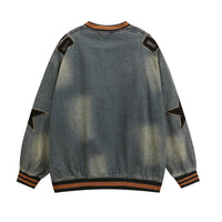 National Tide Five-pointed Star Letter Flocking Embroidered V-neck Denim Hoodie