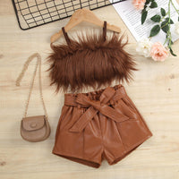 Furry Sling Top Solid Color Open Bag Leather Pants Suit With Belt