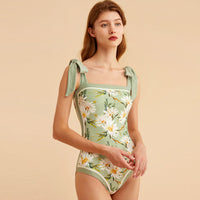 Vintage French Double Sided Print Slim One-Piece Swimsuit