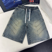 Washed Wrinkle-Effect Denim Shorts Mens Casual Mid-Length Pants