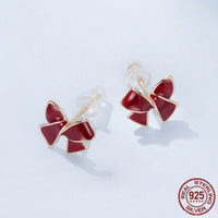 Silver Ziyun Original Wine Red Bow Stud Earrings