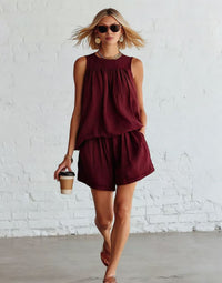 Cotton-linen Sleeveless Top And Wide-leg Shorts Set