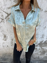 Women's Solid Color Casual Loose Bronzing Short-sleeved Lapel Shirt