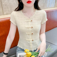 Hollow Out Short Sleeved Chinese Style New Chinese Style Top