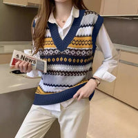 Retro V-neck Rhombus Vest Women's Knitted Jacquard Sleeveless Sweater
