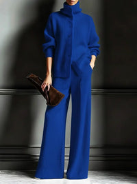 Stylish Womens Casual Knit Turtleneck Wide-Leg Set