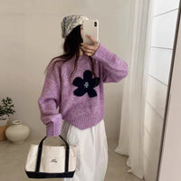 Early Autumn Versatile Casual Floral Round Neck Knitted Long Sleeve Top