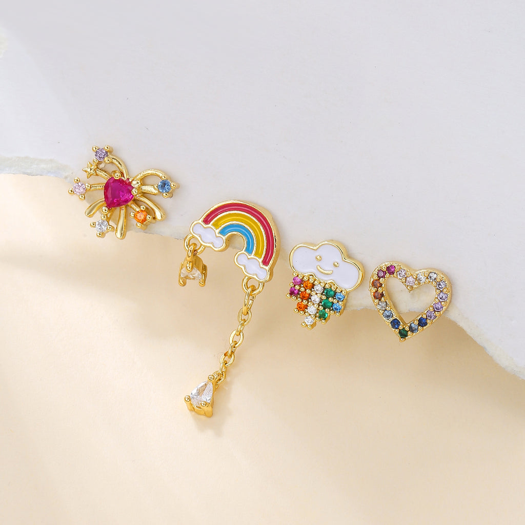 Color Painting Silver Pin Earrings Rainbow Love Suit