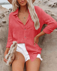 Womens Solid-Color Cotton And Linen Shirt