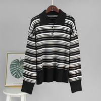 Striped Sweater Retro Contrast Color Striped Polo Collar Knitted T-shirt