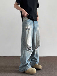 Wide Leg Straight Cat Beard Water Washed Hole Jeans