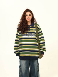 Vintage Matcha Green Striped Sweater Polo Collar Jacket