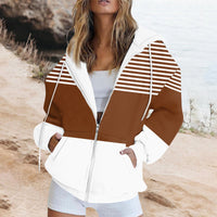 Striped Printed Pocket Long Sleeve Loose Hooded Sweater Zipper Jacket