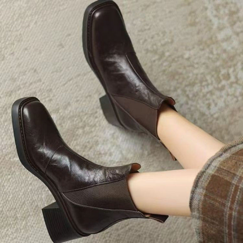 Women's Soft Leather Chunky Heel French Boots