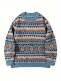 Mens Thickened Crew-Neck Pullover Sweater With Printed Design And Relaxed Fit