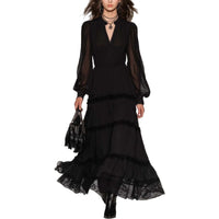V-neck Spliced Long-sleeve Tiered Skirt Maxi Dress Mesh Dress