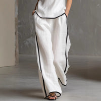 Sleeveless V-Neck Black Trim Contrast Color Simple Womens Top And Wide-Leg Pants Set
