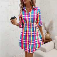 Fashionable Colorful Plaid Printed Shirt Dress