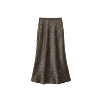 Copper-gold Leopard-print Plain Satin Faux-silk Midi Skirt