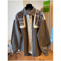 Loose-fit Casual Retro Ethnic-Style Printed Blue Striped Long-Sleeve Shirt For Women