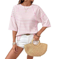 Casual Loose-fit Striped Crewneck Color-block Short-sleeve T-shirt