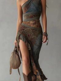 Retro Patchwork Printed Asymmetrical Long-Slit Dress
