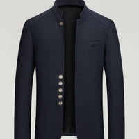Mens Wool Tweed Zhongshan Suit With A Mandarin Collar For A Refined Tailored Look