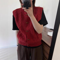 Round Neck Horn Button Knitted Cardigan Vest