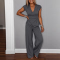 Solid-color Pleated Short-sleeve Pantsuit With Metal Buckles For Women