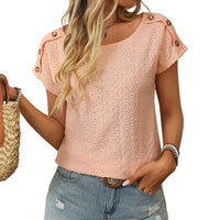 Womens Crew-neck Hollow-out Short-sleeve T-shirt