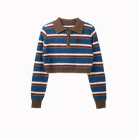 Retro Loose Women's Contrast Color Striped Polo Collar Sweater