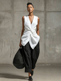 Waist-cinching Tie-front V-neck Sleeveless Top Wide-leg Pantsuit