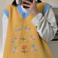 Vintage Small Flower Embroidery Knitted Vest Women