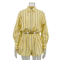 Long-sleeved Striped Collared Shirt And Shorts Casual Two-piece Set