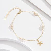 S925 Sterling Silver Beach Style Pearl Five-pointed Star Pendant Anklet