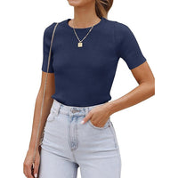 Top Hot Girl Autumn Short Sleeve Slim Round Neck Rib Milk Silk T-shirt For Women