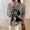 Round Neck Cartoon Pattern Gray Sweater For Women