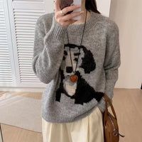 Round Neck Cartoon Pattern Gray Sweater For Women